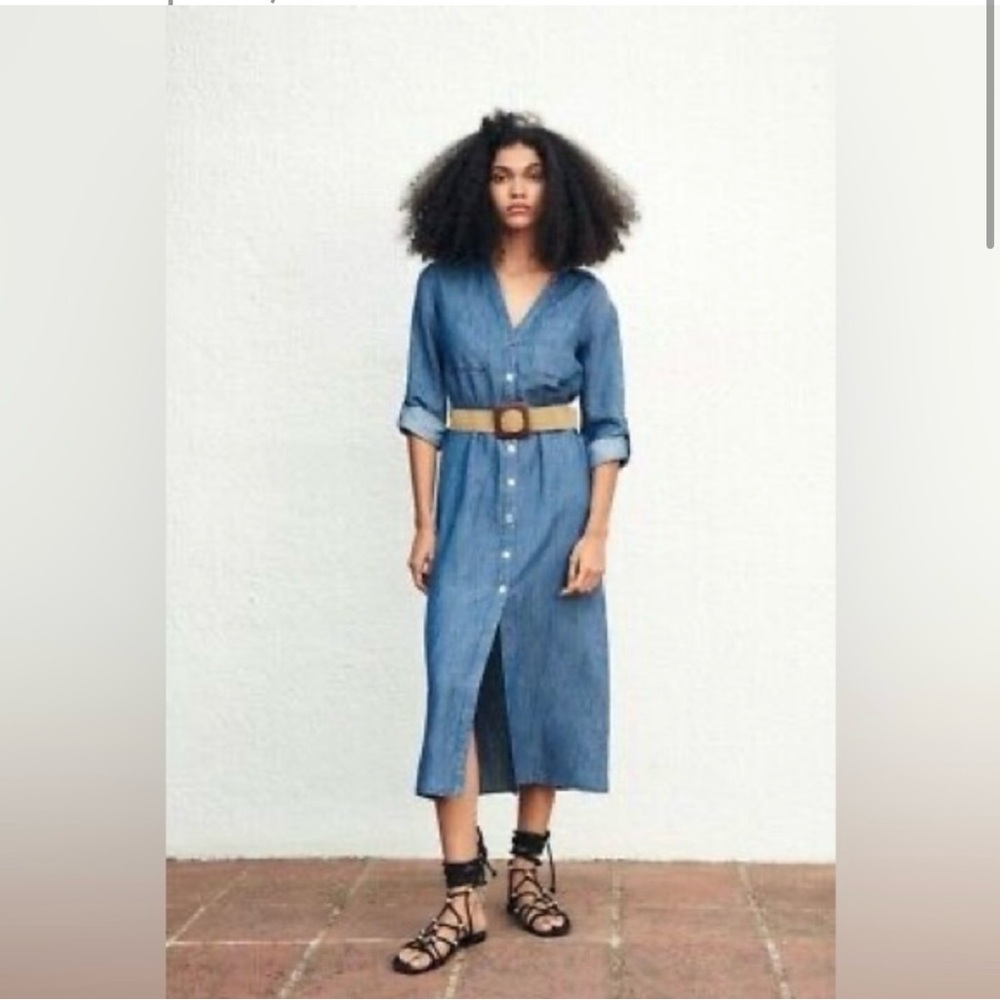 Zara Blue Midi Shirt Dress with V-Neck and Cuffed Sleeves
